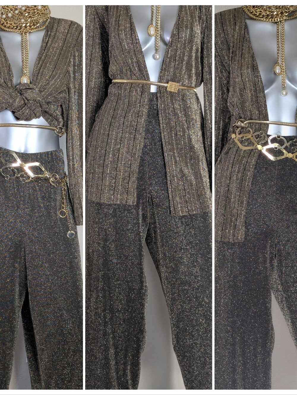 DISCO FEVER Metallic Liquid Shimmer Two-Piece Evening Cocktail PantSuit
